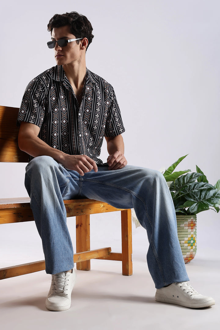Black ethnic printed half sleeve shirt