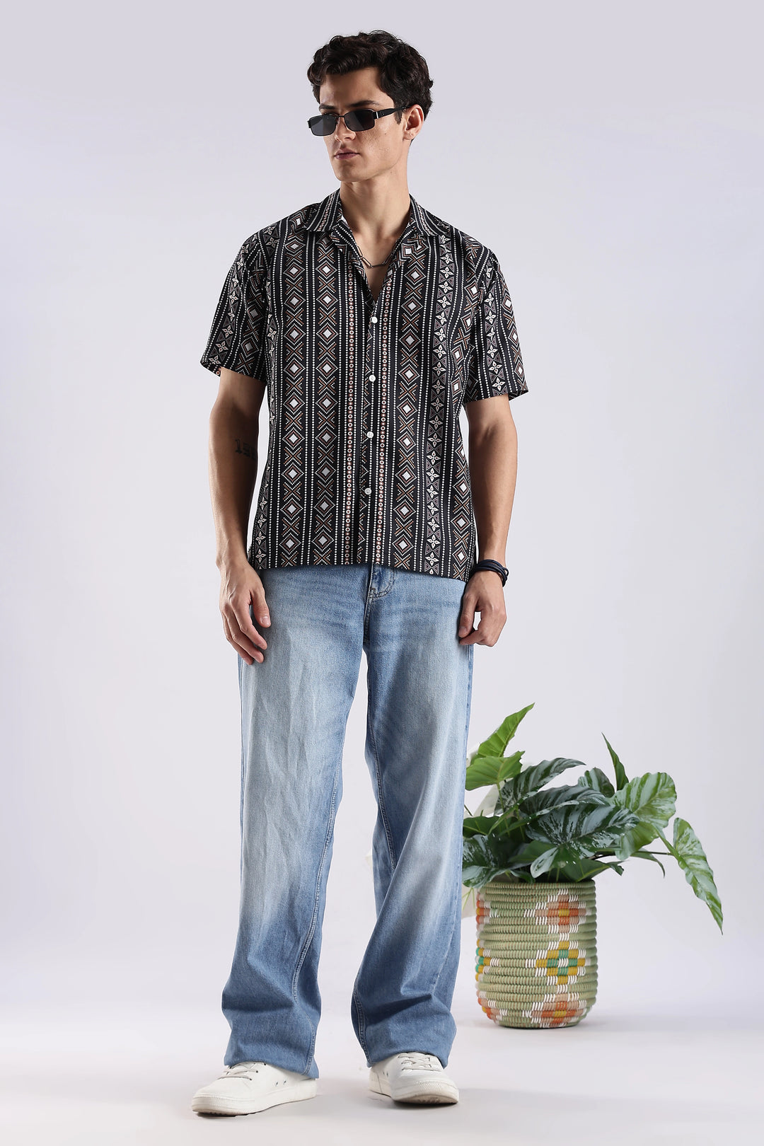 Black ethnic printed half sleeve shirt