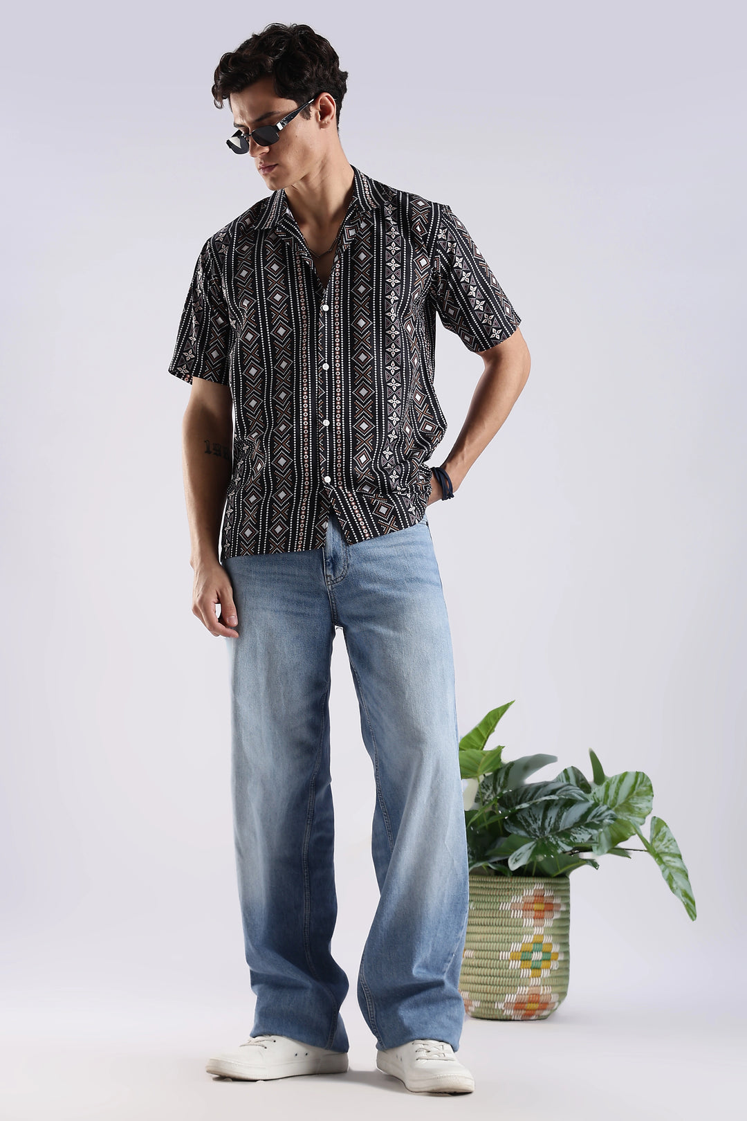 Black ethnic printed half sleeve shirt