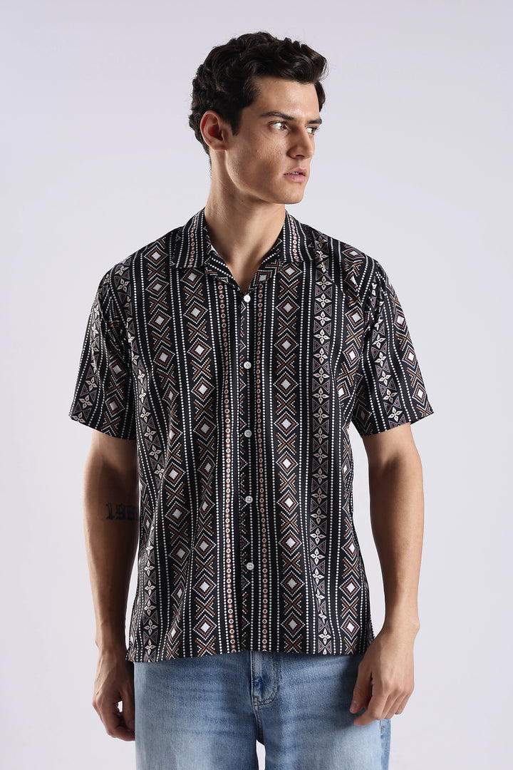 Black ethnic printed half sleeve shirt