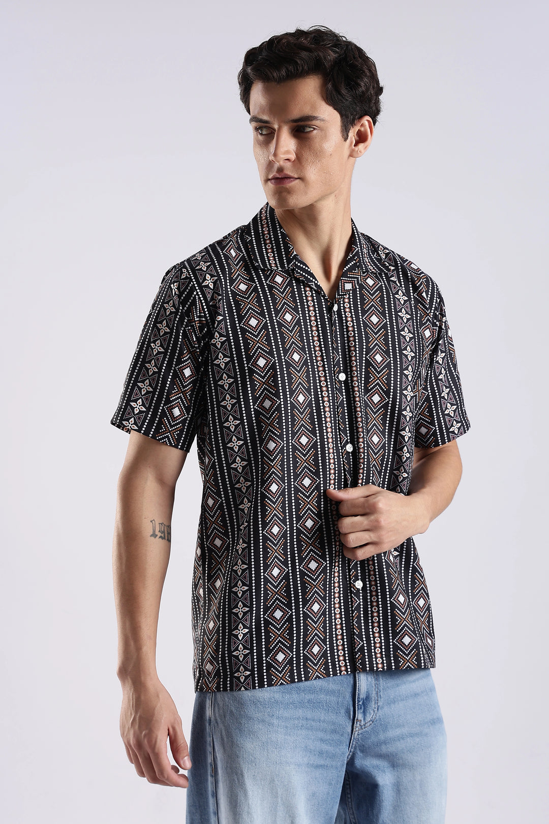 Black ethnic printed half sleeve shirt