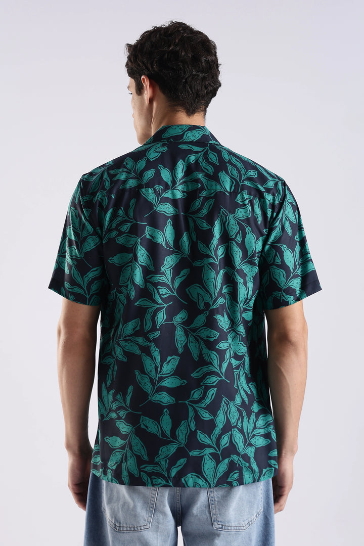 Navy leaf printed half sleeve shirt