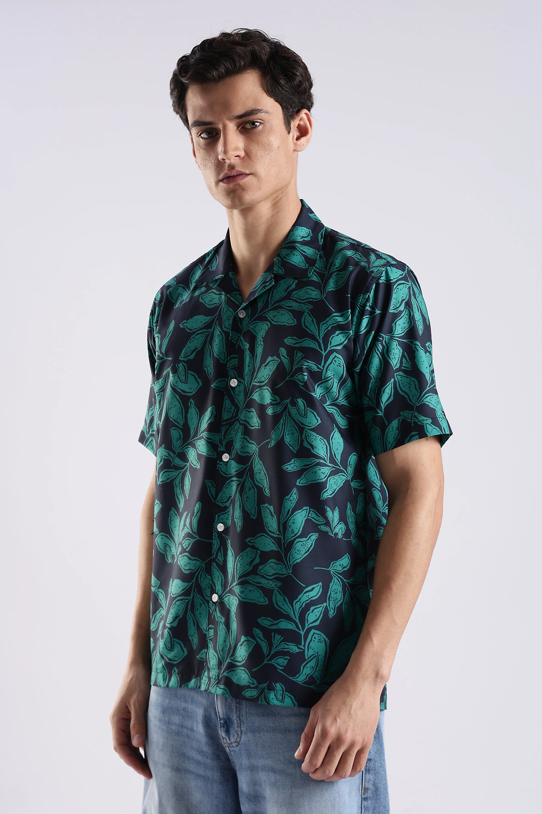 Navy leaf printed half sleeve shirt