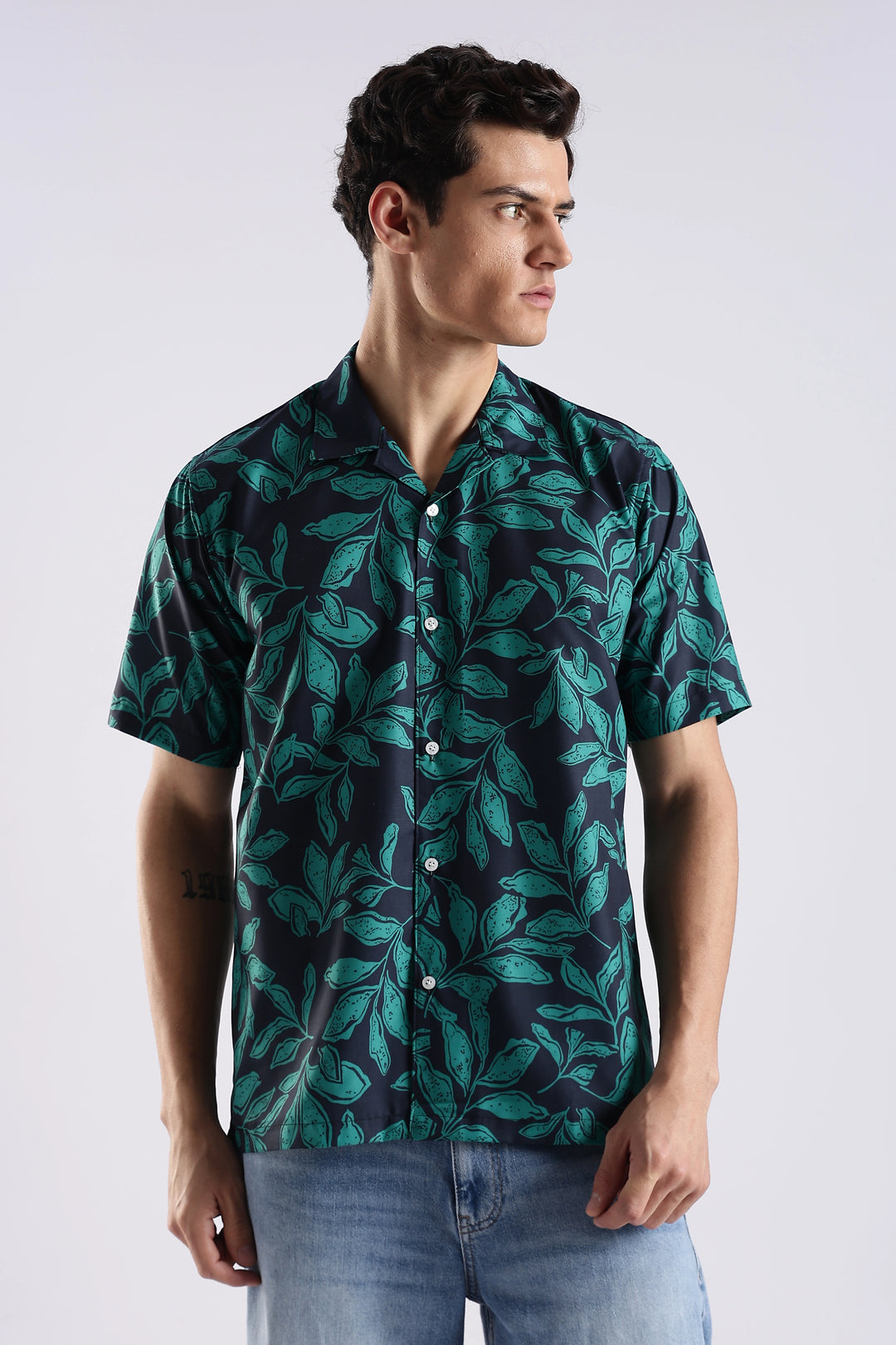 Navy leaf printed half sleeve shirt