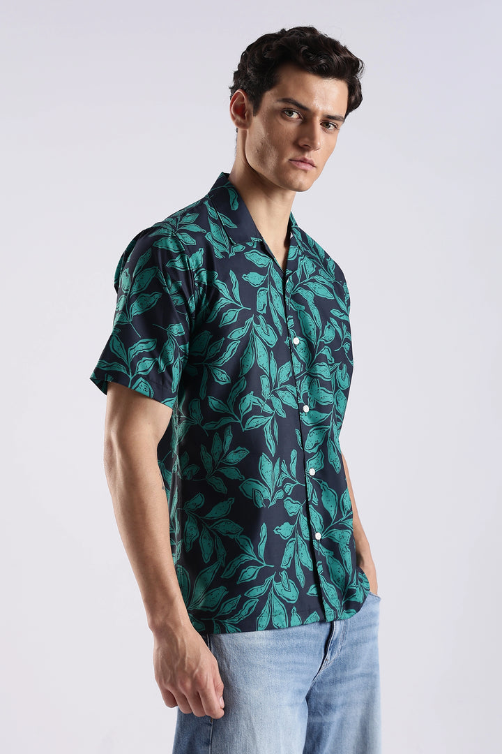 Navy leaf printed half sleeve shirt