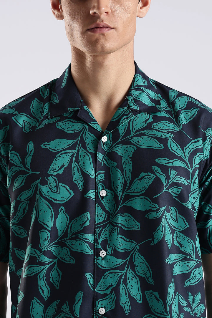 Navy leaf printed half sleeve shirt