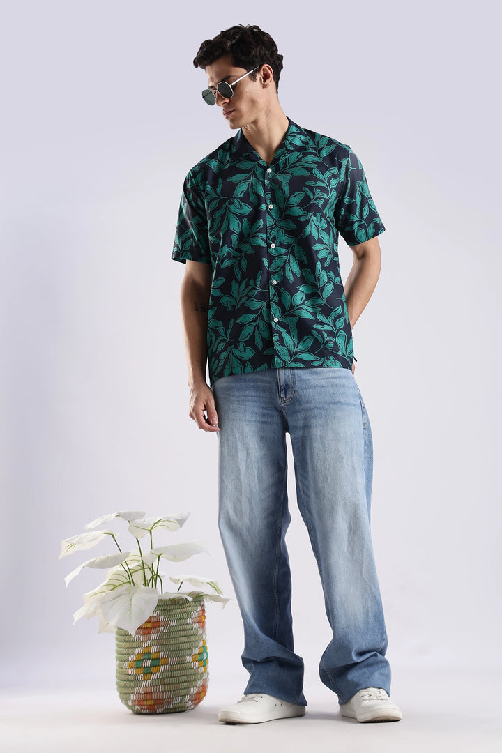 Navy leaf printed half sleeve shirt