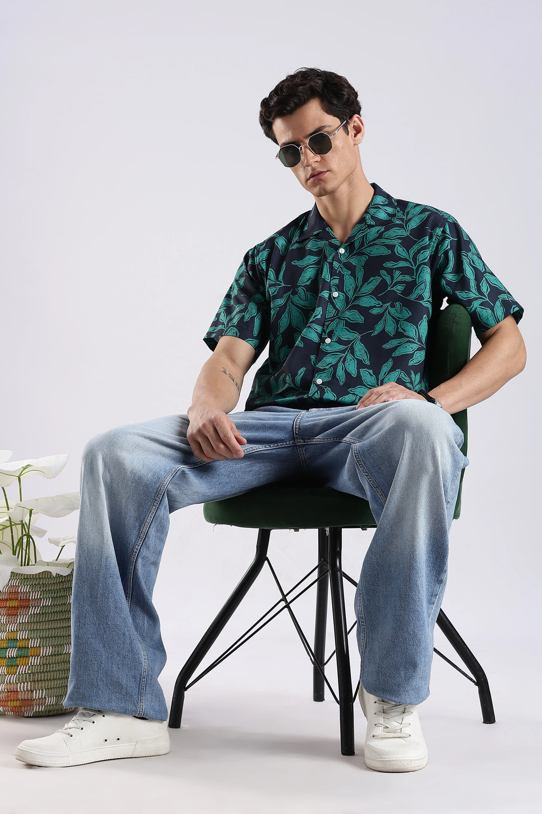 Navy leaf printed half sleeve shirt