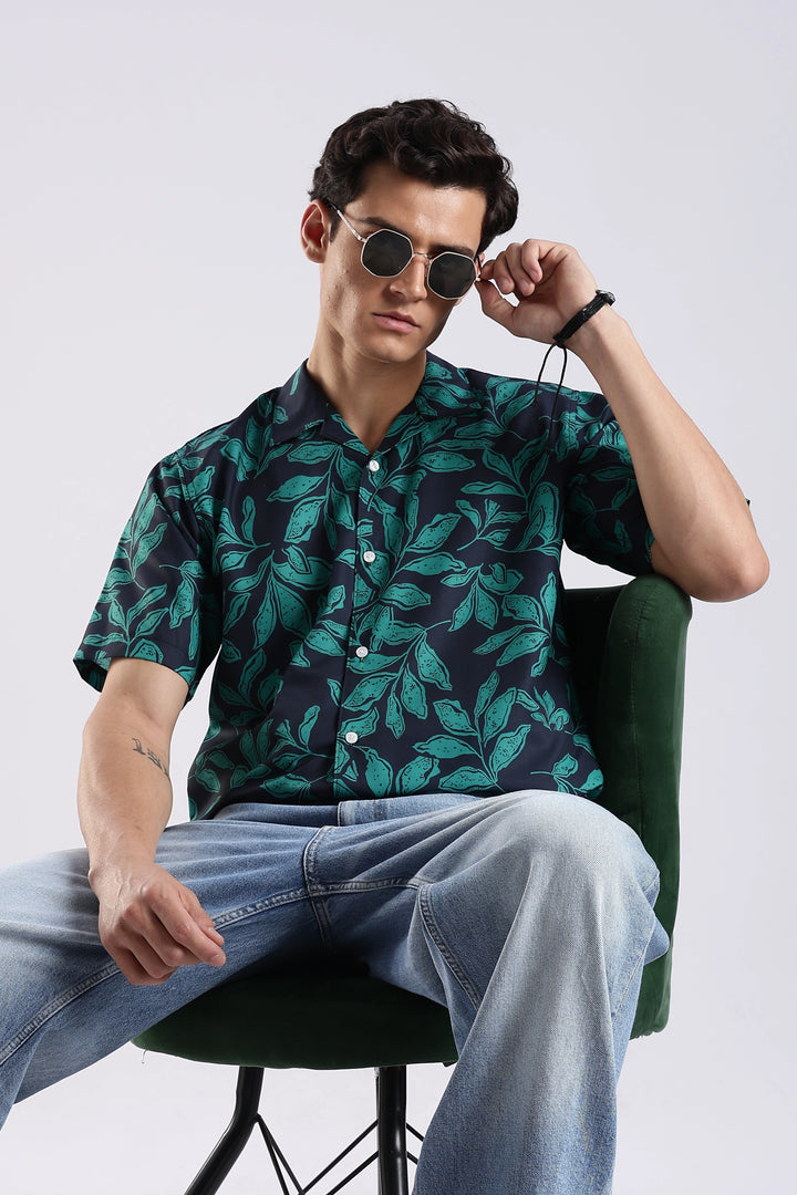 Navy leaf printed half sleeve shirt