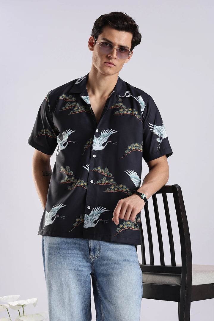 Black flamingo printed half sleeve shirt