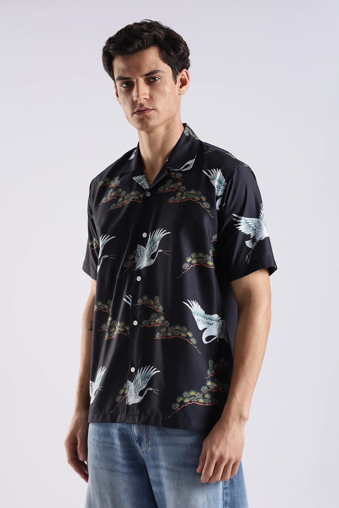 Black flamingo printed half sleeve shirt