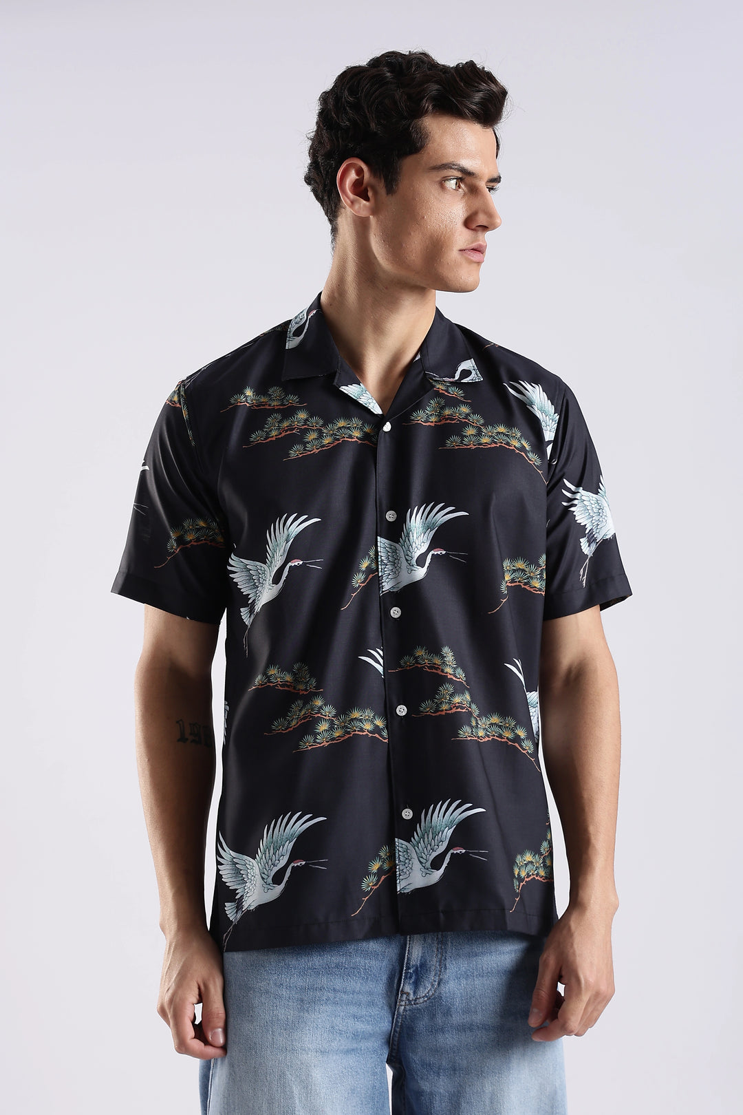 Black flamingo printed half sleeve shirt