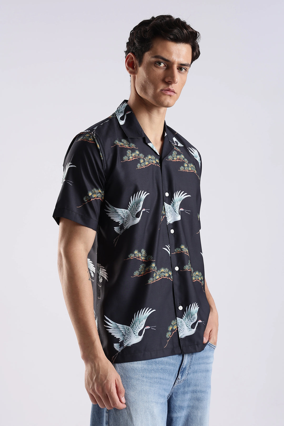 Black flamingo printed half sleeve shirt