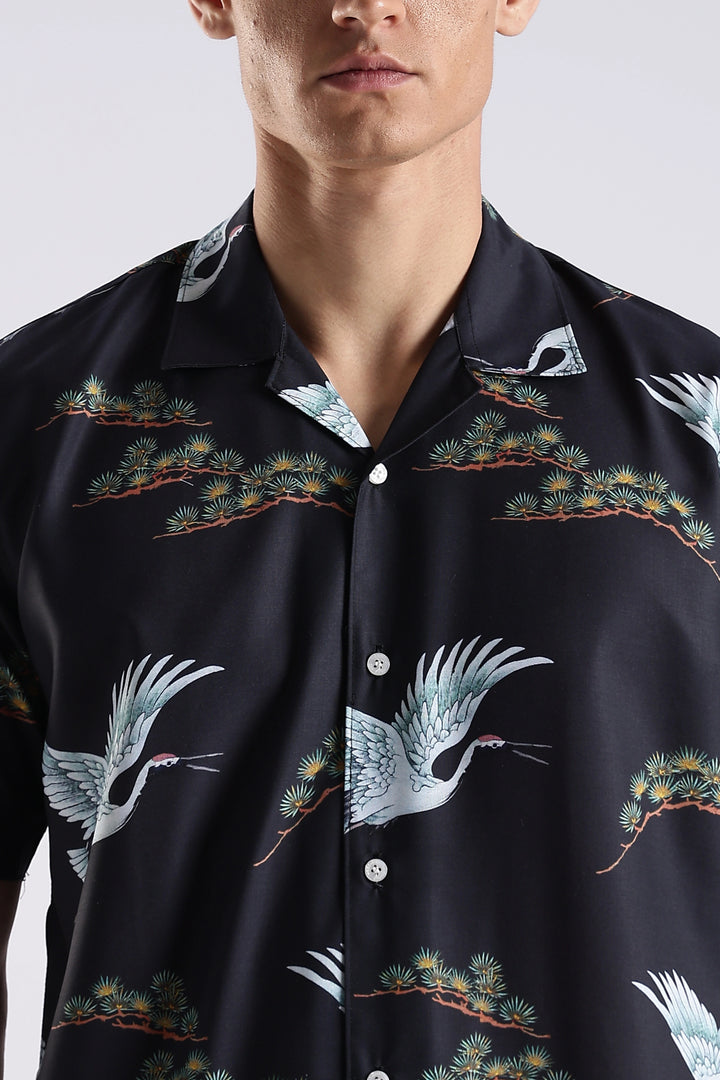 Black flamingo printed half sleeve shirt
