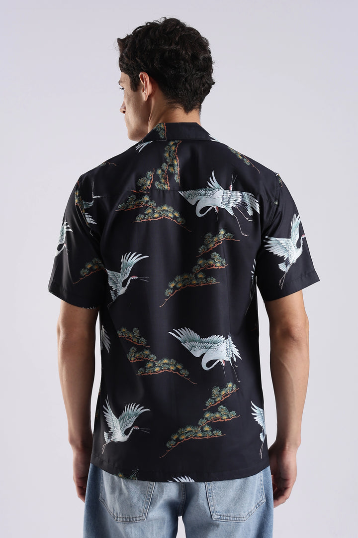 Black flamingo printed half sleeve shirt