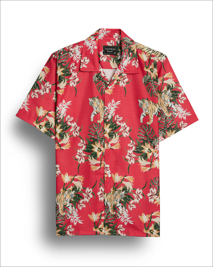 Flower print red half sleeve shirt for men