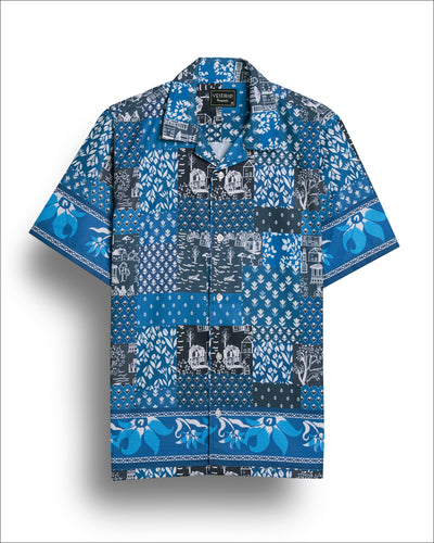 Blue floral basket print camp collar shirt for men