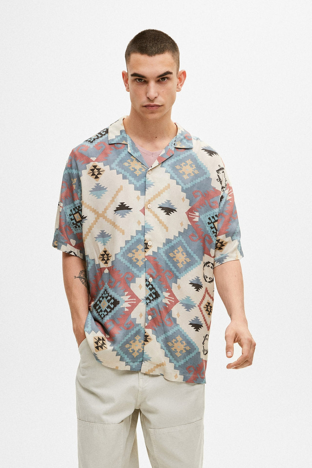 BASIC BLUE GEOMETRIC PRINTED SHIRT