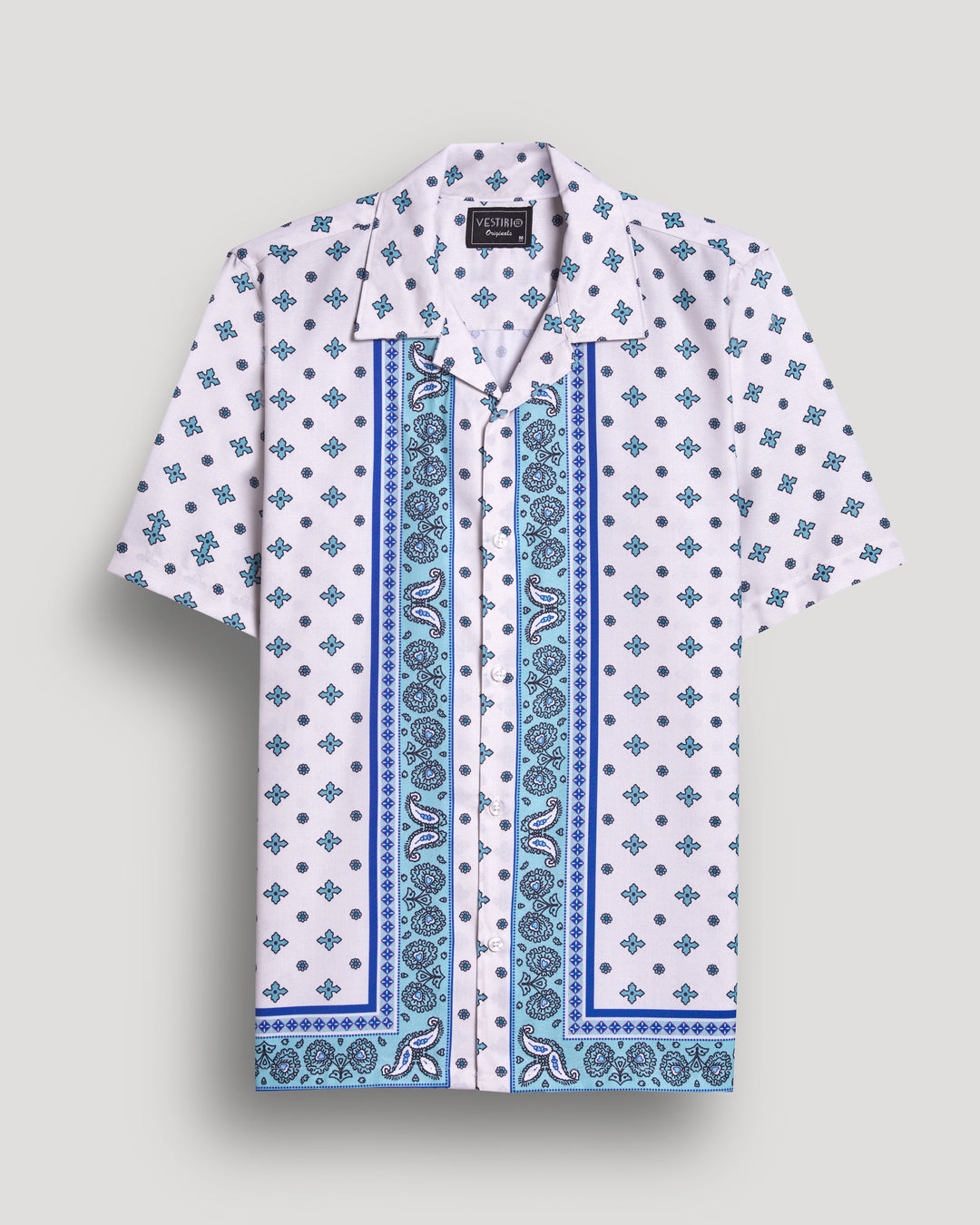 white and blue paisley boder printed half sleeve shirt