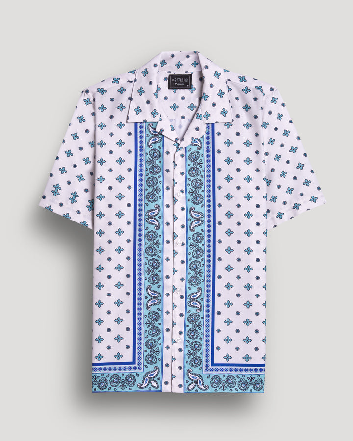 white and blue paisley boder printed half sleeve shirt