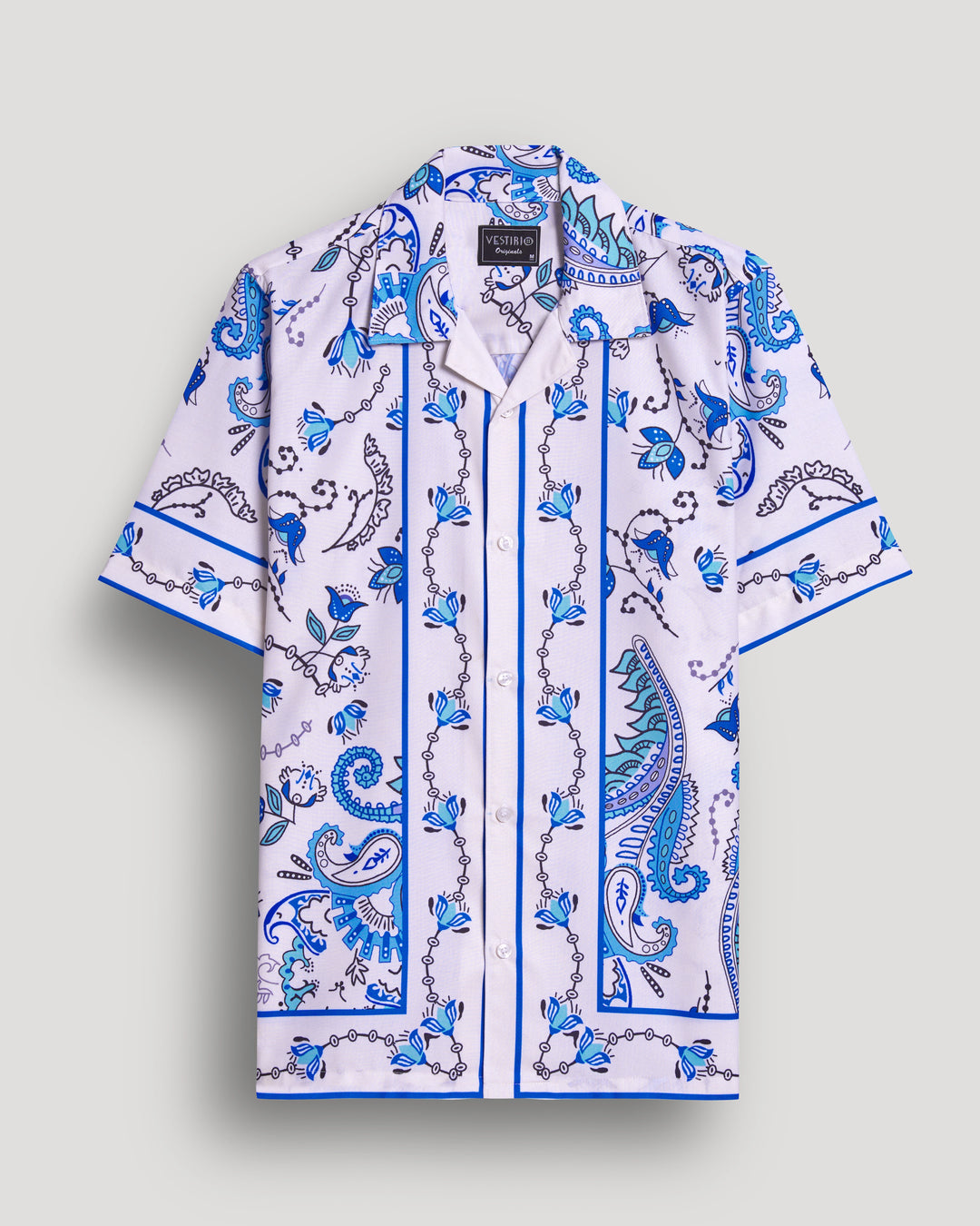 blue flower border printed half sleeve shirt