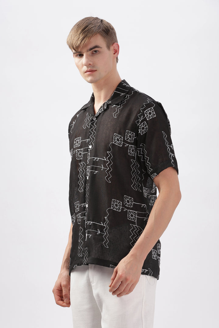 Black abstract linen sleeve shirt