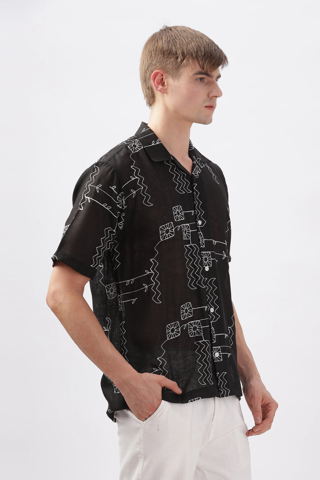 Black abstract linen embroidered half sleeve shirt