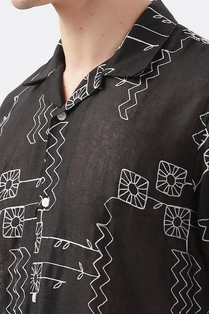 Black abstract linen embroidered half sleeve shirt