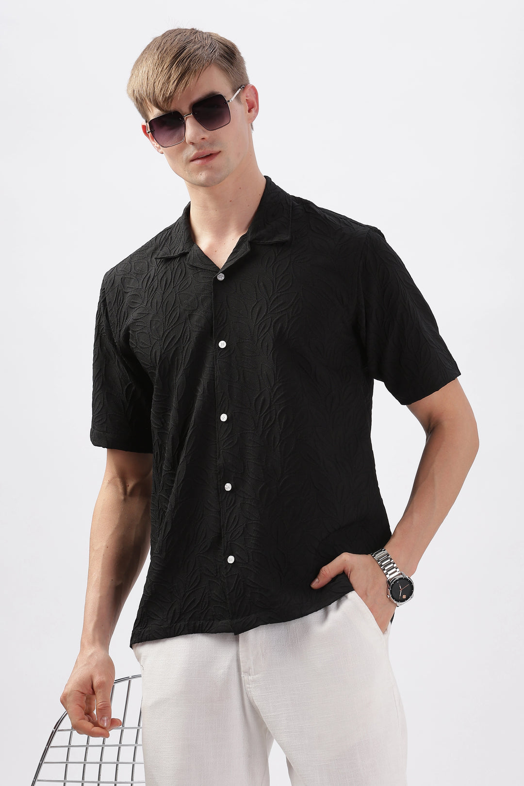 Black jacquard leaf embossed half sleeve shirt