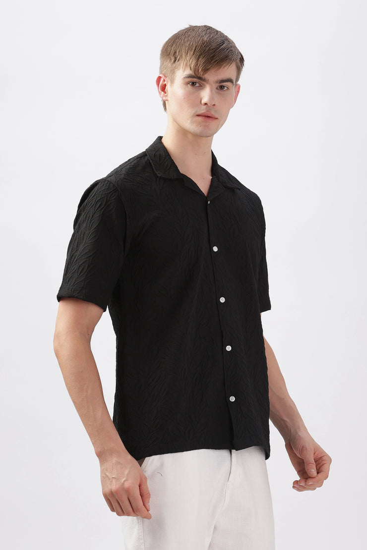 Black jacquard leaf embossed half sleeve shirt