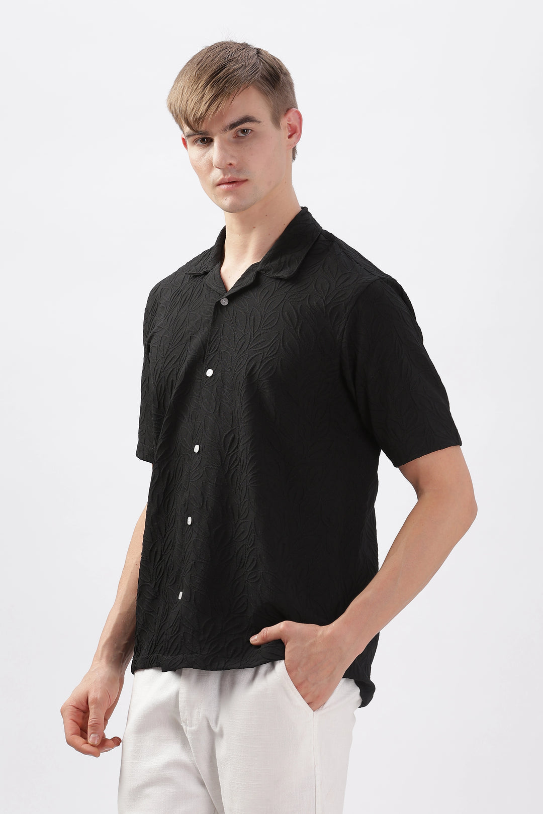 Black jacquard leaf embossed half sleeve shirt