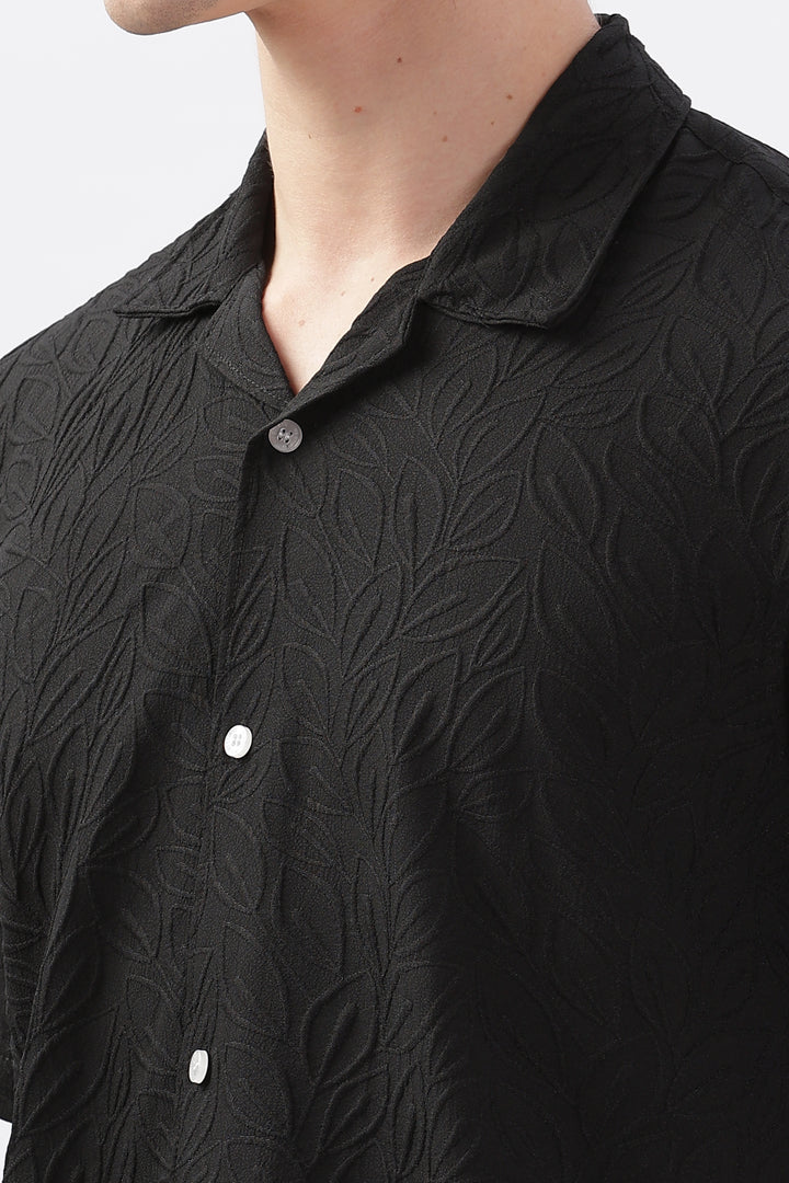 Black jacquard leaf embossed half sleeve shirt