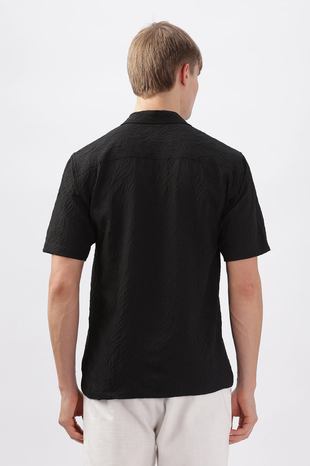 Black jacquard leaf embossed half sleeve shirt