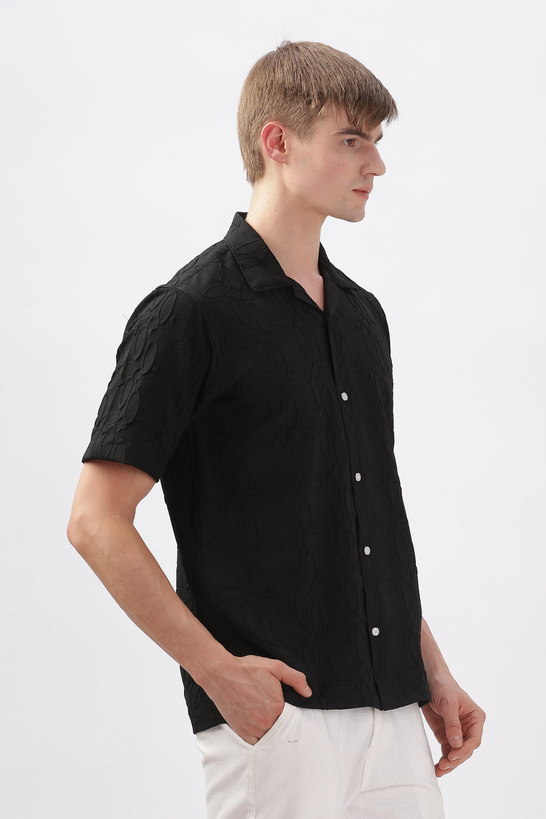 Black jacquard oval embossed half sleeve shirt