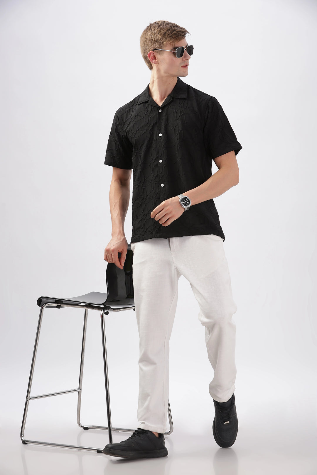 Black jacquard oval embossed half sleeve shirt