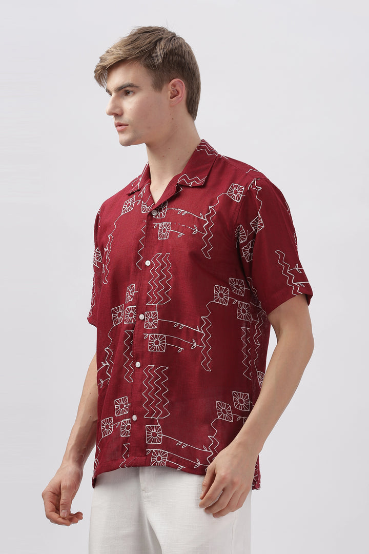 Red embroidered half sleeve shirt