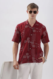 Red abstract linen embroidered half sleeve shirt