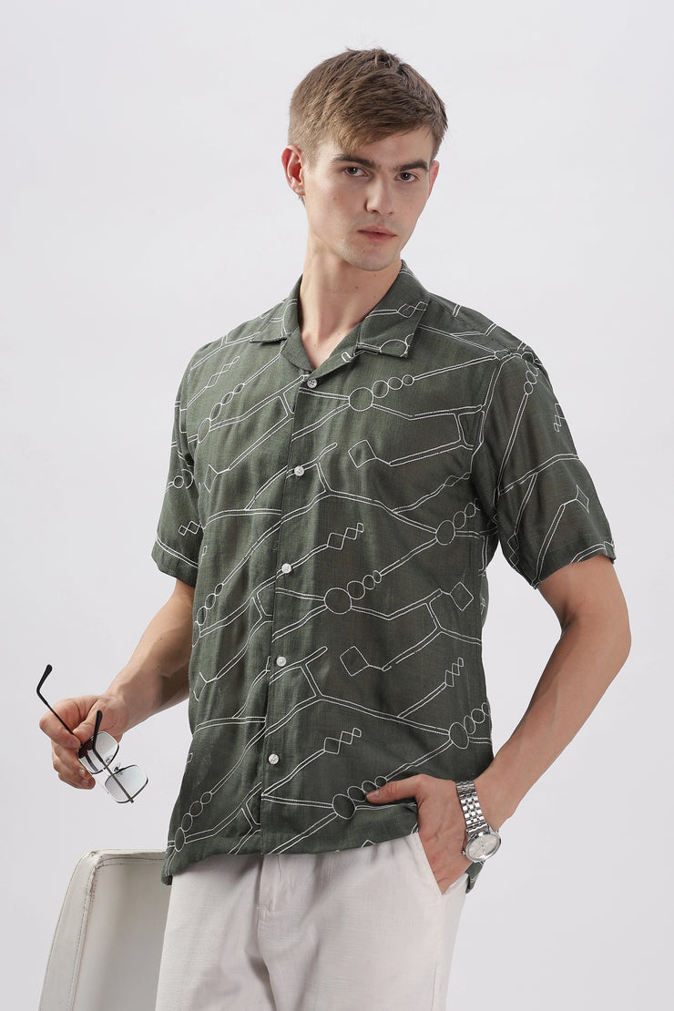 Dark green abstract linen embroidered half sleeve shirt