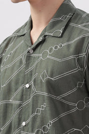 Dark green abstract linen embroidered half sleeve shirt