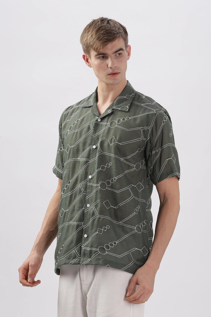 Dark green abstract linen embroidered half sleeve shirt