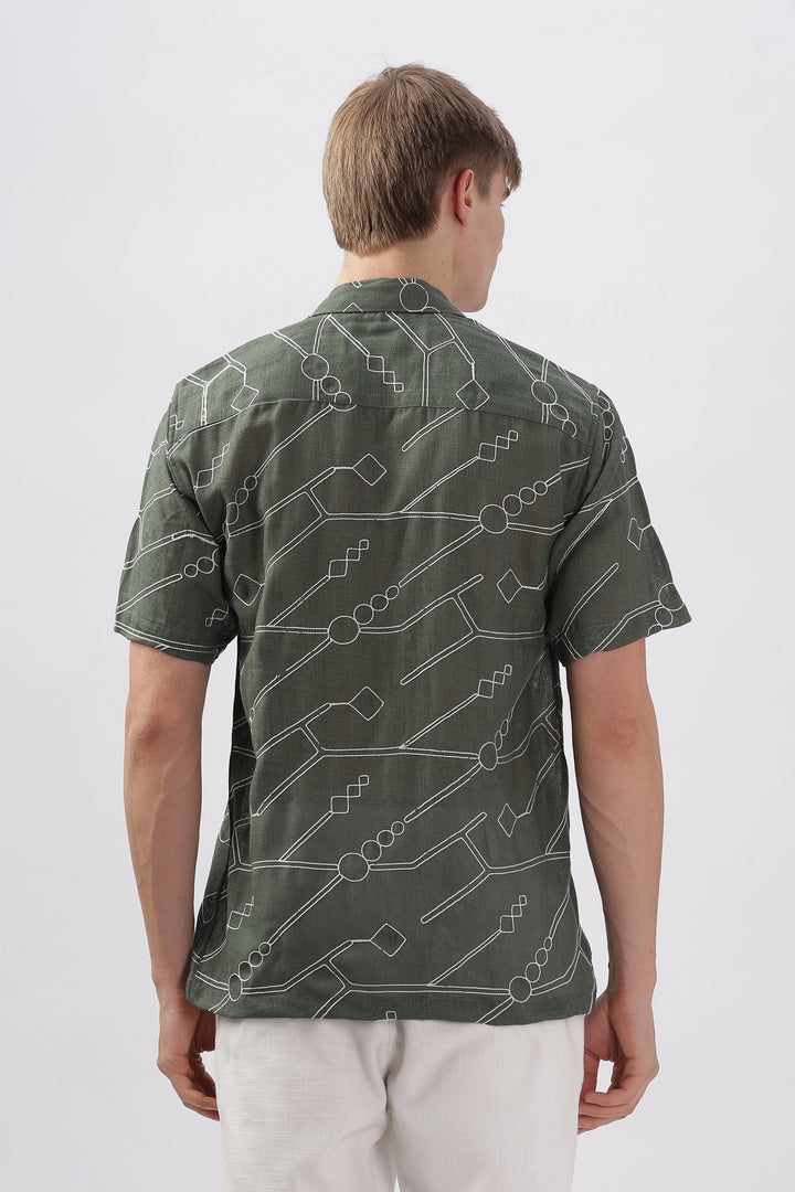 Dark green abstract linen embroidered half sleeve shirt