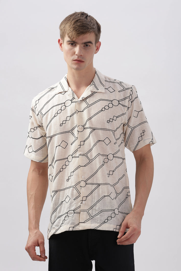 Cream abstract linen half sleeve shirt