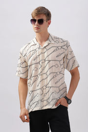 Cream abstract linen embroidered half sleeve shirt