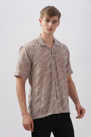 Light brown abstract linen embroidered half sleeve shirt