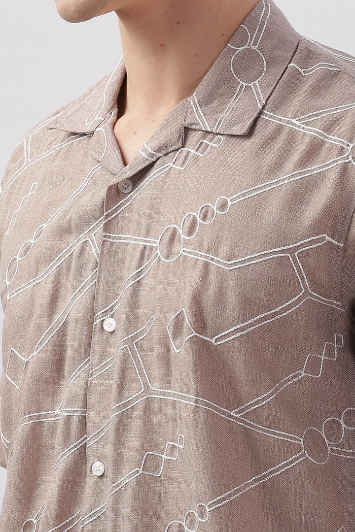 Light brown abstract linen embroidered half sleeve shirt