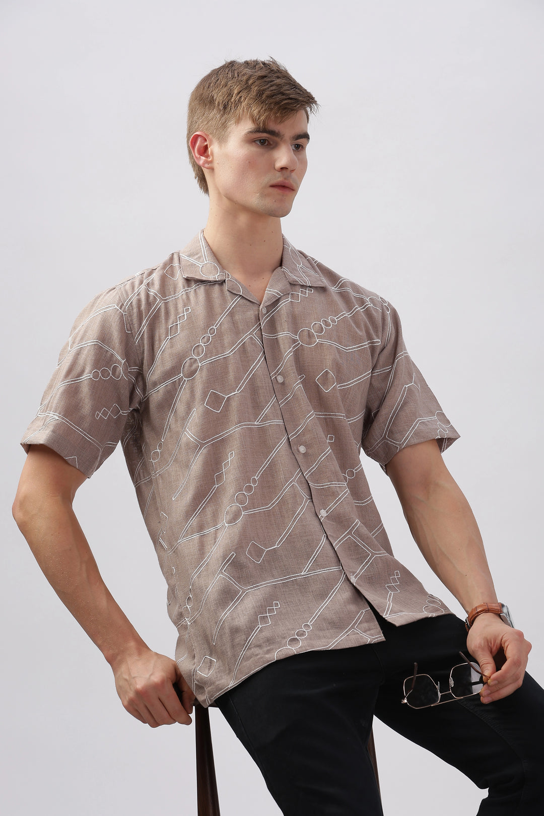 abstract linen embroidered half sleeve shirt