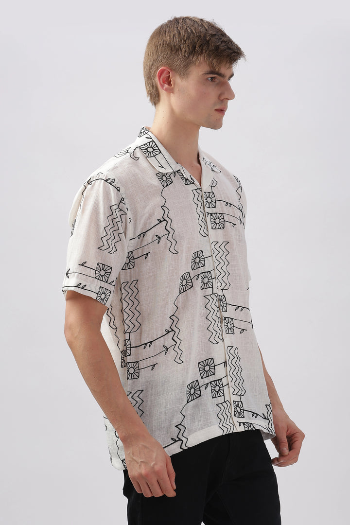 White abstract linen embroidered half sleeve shirt