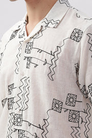 White abstract linen embroidered half sleeve shirt