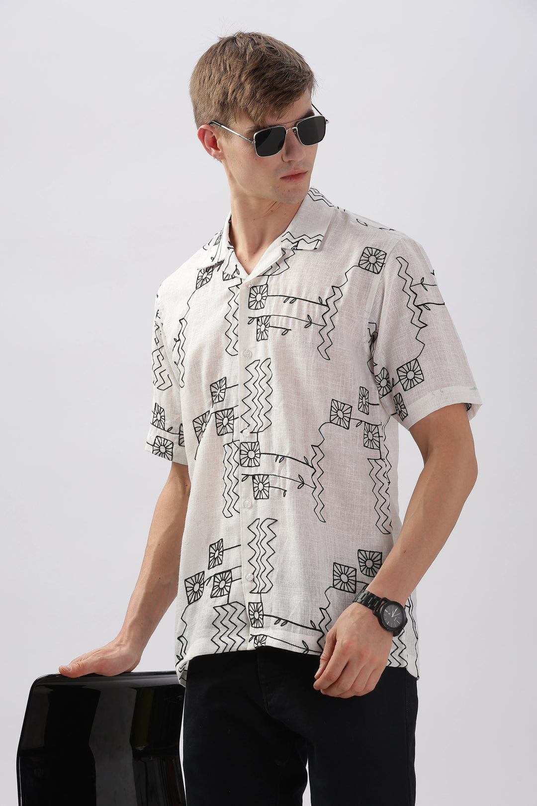 White abstract linen embroidered half sleeve shirt