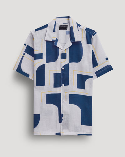 White abstract printed linen shirt for men